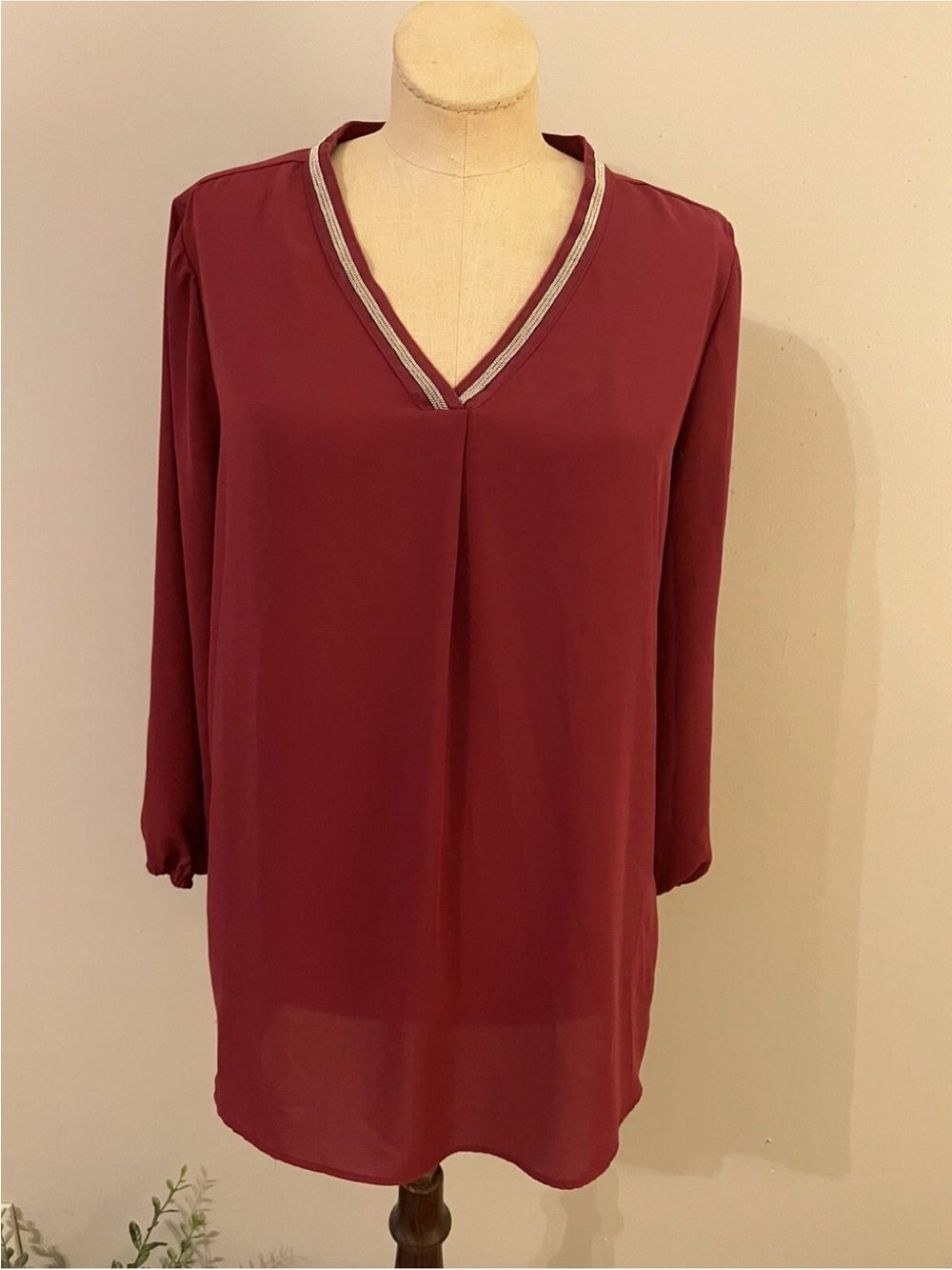 Cato Burgundy V-Neck Long Sleeve Tunic with Metallic Trim